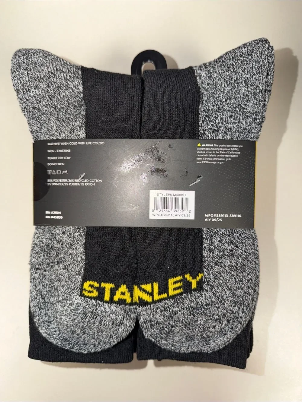 STANLEY Black Heather White Combo Cushioned Soft Cotton Blend Full Crew Socks